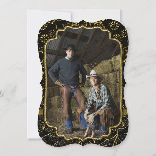 Foto Gold Damask Swirls Wedding Invitation Kaart (Achterkant)