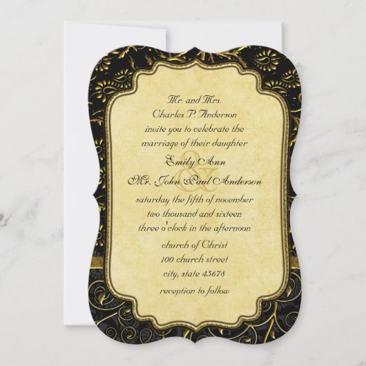 Foto Gold Damask Swirls Wedding Invitation Kaart (Voorkant)