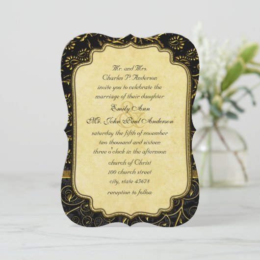 Foto Gold Damask Swirls Wedding Invitation Kaart (Staand voorkant)