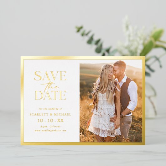 Foto Gold Foil Save the Date Folie Uitnodiging (Staand Voorkant)