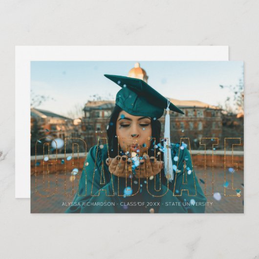 Foto & Gold Glitter Afstuderen Aankondiging White (Voorkant / Achterkant)