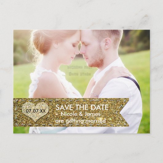 FOTO Gold Glitter Banner BEWAART DE DATUM Briefkaa Aankondigingskaart (Voorkant)