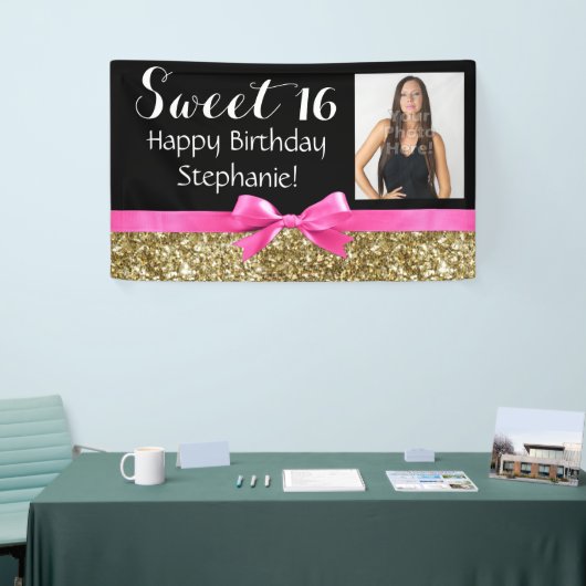 Foto Gold Glitter Pink Sweet 16 Birthday Party Spandoek (Beurs)