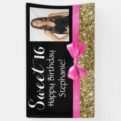 Foto Gold Glitter Pink Sweet 16 Birthday Party Spandoek (Verticaal)