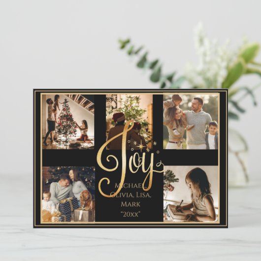 Foto Gold Joy Script Kerstmis Xmas Vakantiekaart Feestdagenkaart (Staand voorkant)
