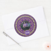 Foto Gold Klassiek Damast Herdenkings Paars Ronde Sticker (Envelop)