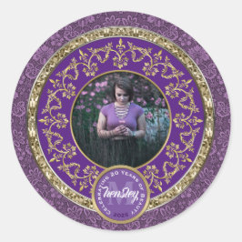 Foto Gold Klassiek Damast Herdenkings Paars Ronde Sticker