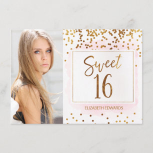 Foto Gold Pink Sweet Sixteen Birthday Uitnodiging