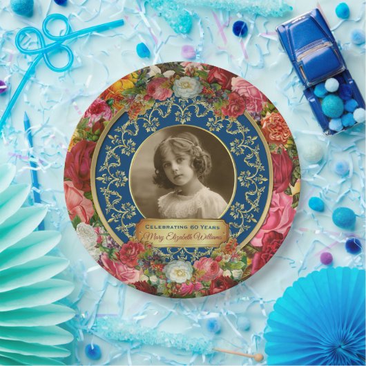 Foto: Gold Prachtige Rozen Herdenking Dark Blue Papieren Bordje (Feest)