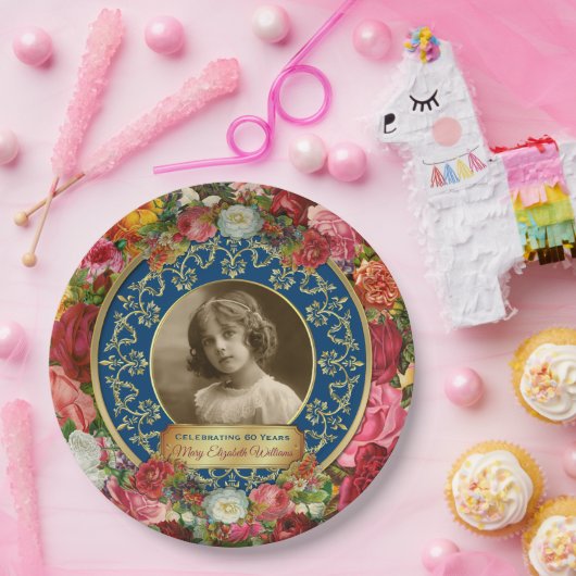 Foto: Gold Prachtige Rozen Herdenking Dark Blue Papieren Bordje (Feest)