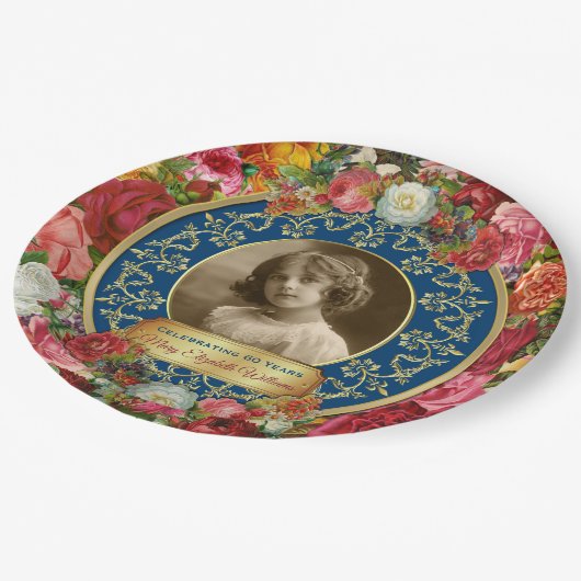 Foto: Gold Prachtige Rozen Herdenking Dark Blue Papieren Bordje (Gekanteld)