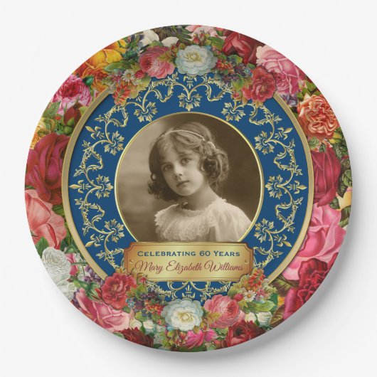 Foto: Gold Prachtige Rozen Herdenking Dark Blue Papieren Bordje (Voorkant)