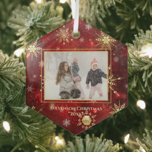 Foto Gold Red Snowflake kerstmis Glas Ornament