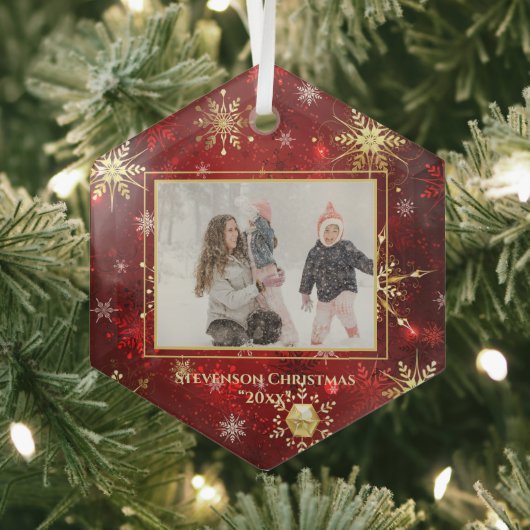 Foto Gold Red Snowflake kerstmis Glas Ornament (Insitu)