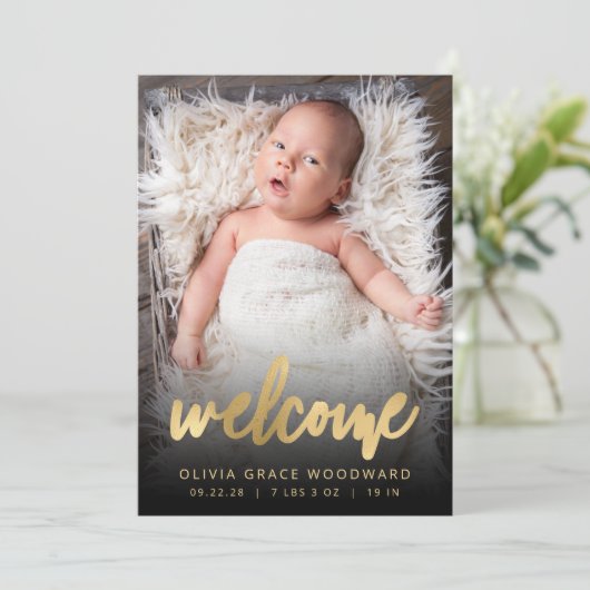 Foto Gold Script Zwart Welkom Geboorte Aankondiging (Staand voorkant)