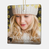 Foto Gold Snowflakes Peace Love and Joy Keepslag Keramisch Ornament (Links)