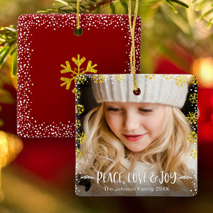 Foto Gold Snowflakes Peace Love and Joy Keepslag Keramisch Ornament