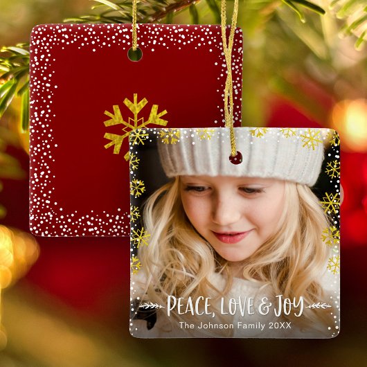 Foto Gold Snowflakes Peace Love and Joy Keepslag Keramisch Ornament