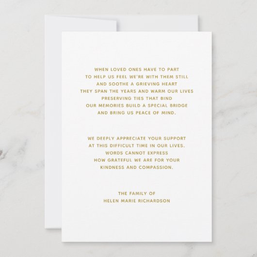 Foto Gold Sympathie Memorial Funeral Hartelijk dan Bedankkaart (Achterkant)