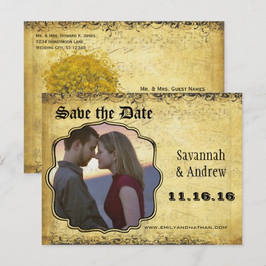 Foto Golden Yellow Heart Leaf Tree Save the Date Aankondigingskaart (Voorkant / Achterkant)
