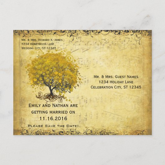 Foto Golden Yellow Heart Leaf Tree Save the Date Aankondigingskaart (Achterkant)