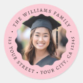 Foto golvende roze rand afstuderen retouradres ronde sticker (Voorkant)