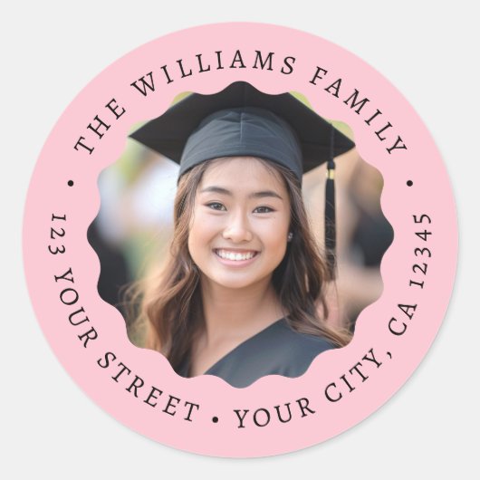 Foto golvende roze rand afstuderen retouradres ronde sticker (Voorkant)
