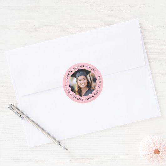 Foto golvende roze rand afstuderen retouradres ronde sticker (Envelop)