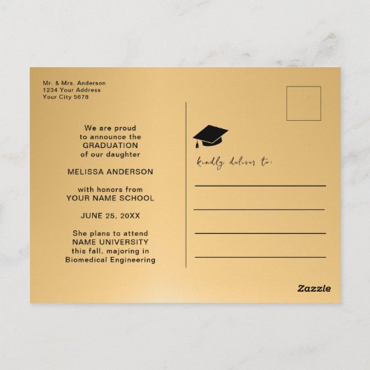 Foto Goud Afstuderen Navy Blue ballon Aankondiging Briefkaart (Achterkant)