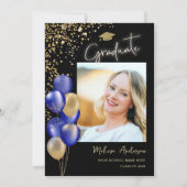 Foto Goud Afstuderen Navy Blue Balloon Aankondigin Kaart (Voorkant)