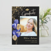 Foto Goud Afstuderen Navy Blue Balloon Aankondigin Kaart (Staand voorkant)
