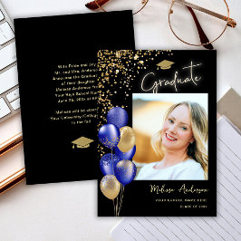 Foto Goud Afstuderen Navy Blue Balloon Aankondigin Kaart