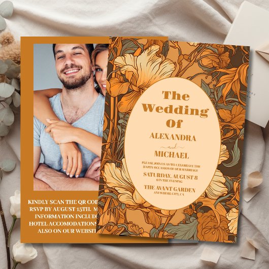 Foto Goud Bloemen Art Nouveau Bruiloft Kaart