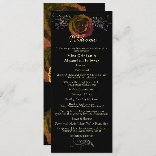 Foto Goud Herfst Roos Gothic Bruiloft Programmakaart (Voorkant / Achterkant)