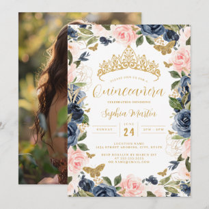 Foto Goud Roze Marine Bloem Vlinder Quinceanera Kaart