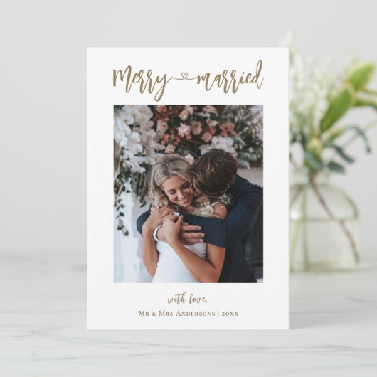 Foto Goud Vrolijk & Getrouwd Eerste Kerstmis Feestdagenkaart (Staand voorkant)