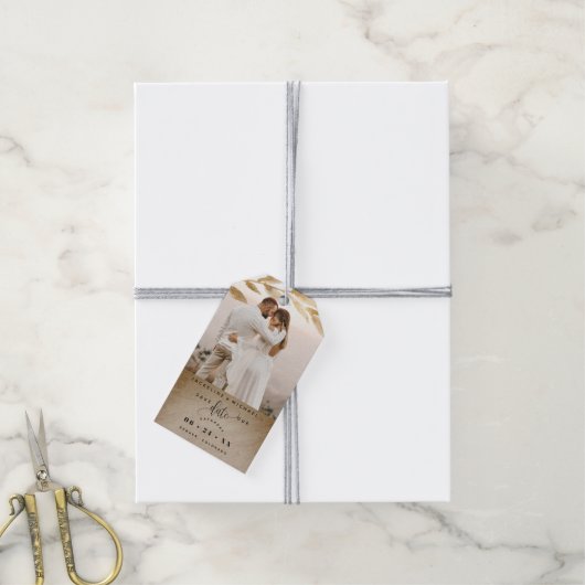 Foto, Gouden bladeren Bruiloft Save the Date Cadeaulabel (Met Touw)