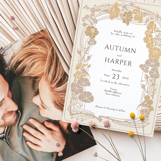 Foto Gouden Elegantie Botanische Bruiloft Kaart