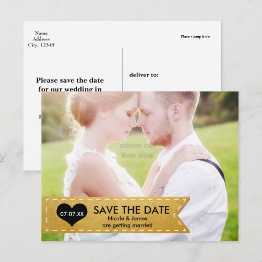 FOTO Gouden Folie Chic Banner SAVE THE DATE Briefk Aankondigingskaart (Voorkant / Achterkant)