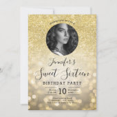 FOTO Gouden Glitter Bokeh Lights Sweet 16 Party Kaart (Voorkant)