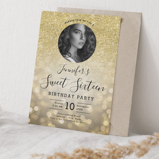 FOTO Gouden Glitter Bokeh Lights Sweet 16 Party Kaart
