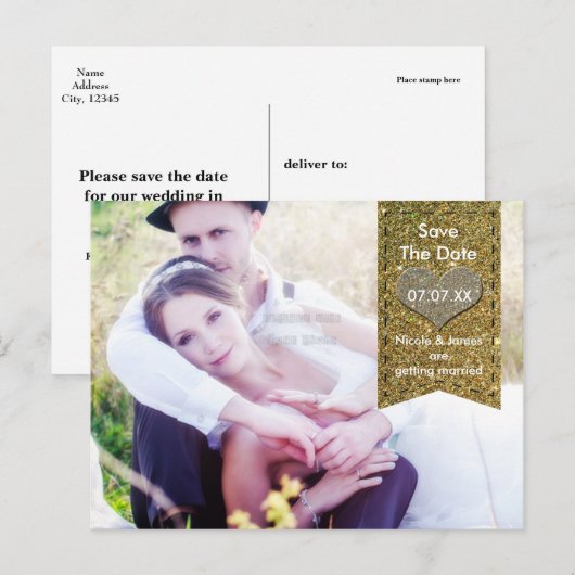FOTO Gouden GLITTER hart SAVE THE DATE Briefkaart (Voorkant / Achterkant)