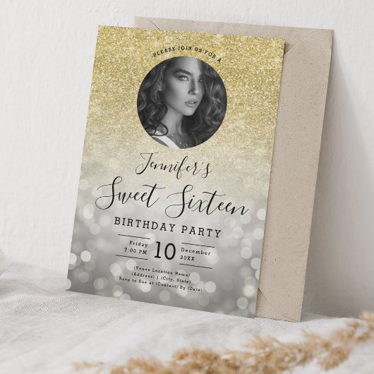 FOTO Gouden Glitter Zilveren Bokeh Lights Sweet 16 Kaart