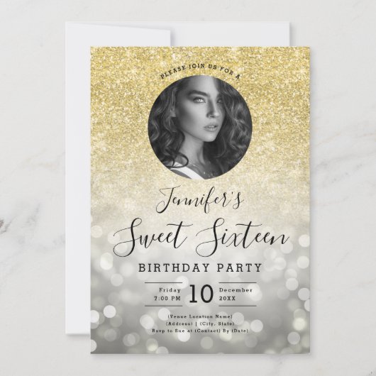 FOTO Gouden Glitter Zilveren Bokeh Lights Sweet 16 Kaart (Voorkant)