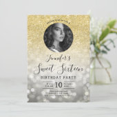 FOTO Gouden Glitter Zilveren Bokeh Lights Sweet 16 Kaart (Staand voorkant)