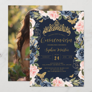 Foto Gouden Marine Roze Bloemen Vlinder Quinceaner Kaart