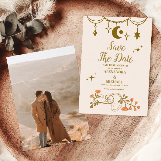 Foto gouden mystieke botanische bruiloft save the date