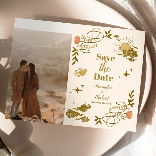 Foto  gouden mystieke botanische bruiloft save the date