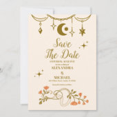 Foto gouden mystieke botanische bruiloft save the date (Voorkant)