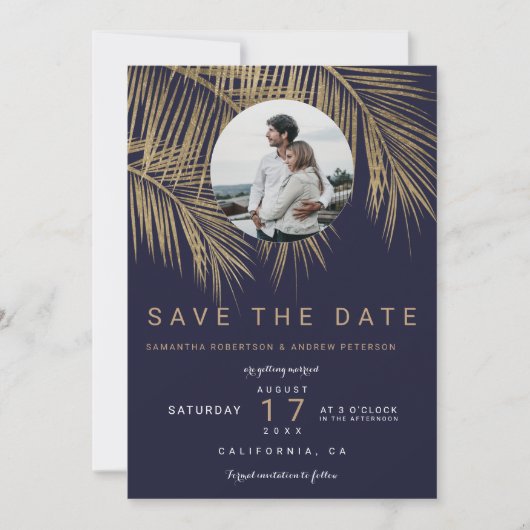 Foto gouden palmblauw van de marinevloot, met uitz save the date (Voorkant)